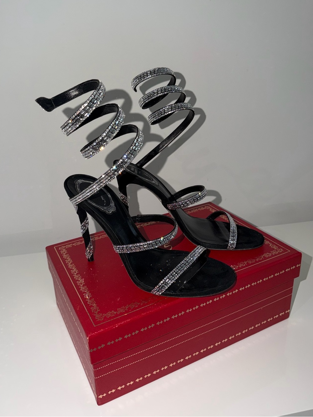 Rene Caovilla Black Spiral Crystal Wrap Stiletto Sandals